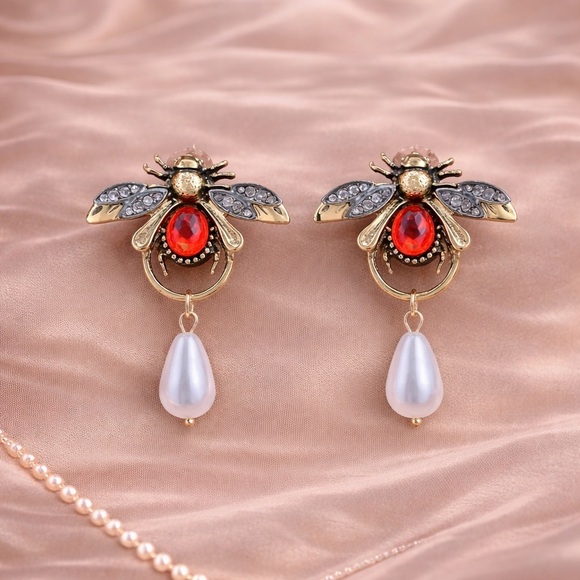 Anthropologie Jewelry - Vintage Luxury Honeybee Gold Red Pearl Drop Earrings
